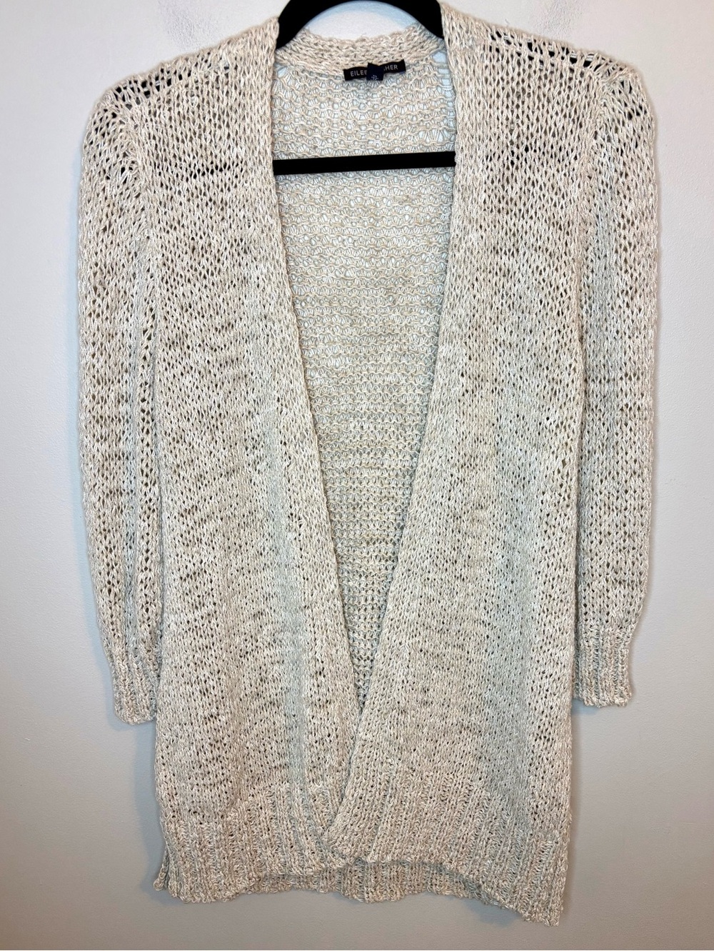 Eileen Fisher S Cream Linen Blend Open Knit Long Cardigan Made USA